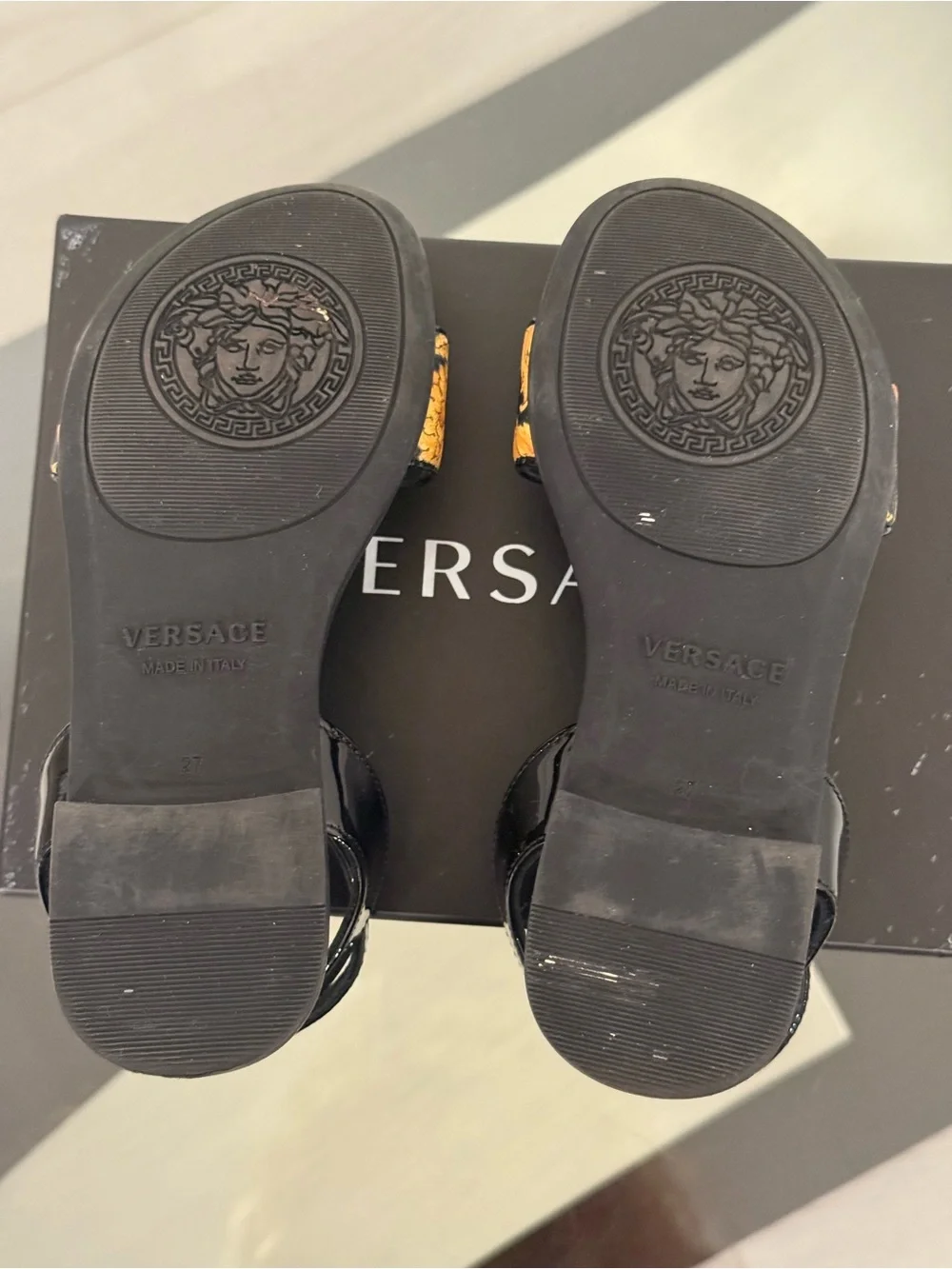 Black Sandals with Gold Floral Strap - Girls size 10-10.5